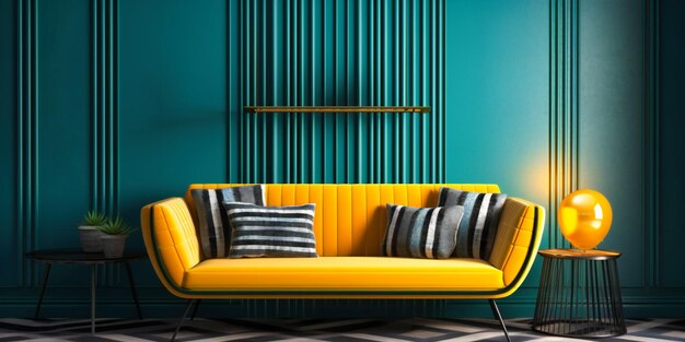Современный диван у желтой стены с бирюзовой стеной